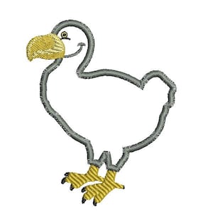 Pode incluir: Um contorno cinza de um dodo de desenho animado com bico e pés amarelos. O dodo está sorrindo.