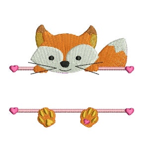 May include: A cute orange fox with white accents peeks over a pink bar with hearts on each end. The fox has a pink nose and is holding onto the bar with its paws. The fox's tail is curled up behind it.