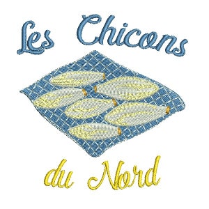 Puede incluir: Diseño bordado con el texto "Les Chicons du Nord" en azul y amarillo. El diseño incluye un patrón a cuadros azul y blanco con cinco peces blancos en la parte superior.