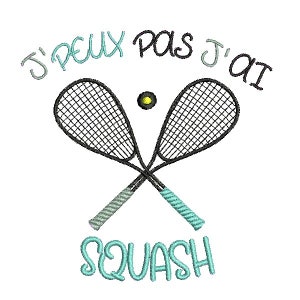 Puede incluir: Un diseño gráfico con dos raquetas de squash cruzadas y una pelota amarilla. El texto "J'PEUX PAS J'AI SQUASH" está escrito en azul y verde.
