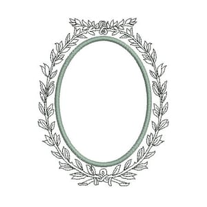 May include: A decorative oval frame with a leafy border and a delicate floral design at the top. The frame is a light green colour and is perfect for adding a touch of elegance to any project.