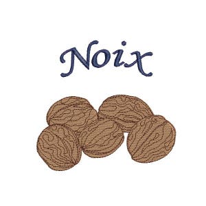 Puede incluir: Primer plano de cinco nueces marrones, con la palabra "Noix" escrita en azul arriba.