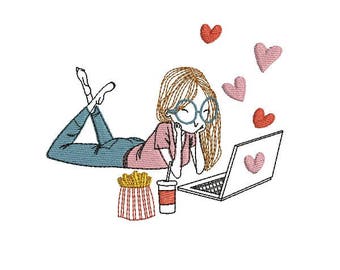 Instant Download Machine Embroidery  design  girl with her computer