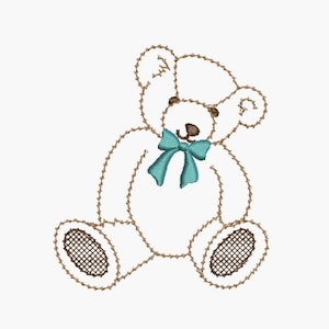 May include: A brown teddy bear with a blue bow sitting on a white background.