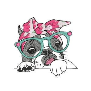Instant download machine applique  embroidery French bulldog with glasses