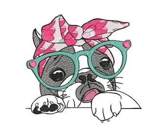 Instant download machine applique  embroidery French bulldog with glasses