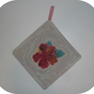 Instant download machine embroidery potholder oven or trivet hibiscus flower ith