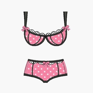 May include: Pink polka dot lingerie set with black lace trim and bows.