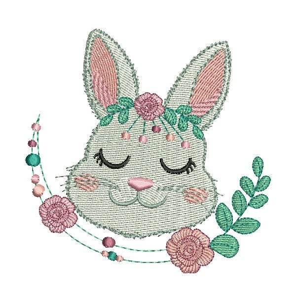 Motif de broderie machine lapin endormi aux  fleurs