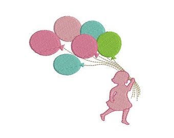 Instant download Machine  Embroidery  Silhouette girl with birthday balloons
