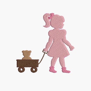 May include: A pink silhouette of a girl with a ponytail pulling a brown wagon with a brown teddy bear inside.