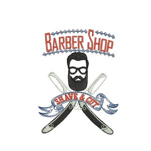 Op de afbeelding: Een rood en wit logo voor een barbershop met de tekst "Barber Shop" boven een silhouet van een man met een baard en bril. Twee gekruiste scheermessen bevinden zich onder de man met een blauw-wit lint waarop "Shave & Cut" staat.