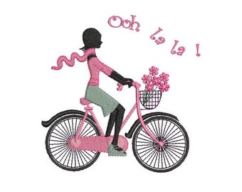 instant download embroidery  Parisian woman cycling