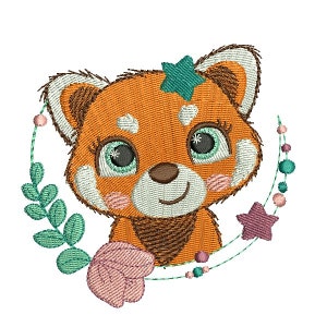 Motif de broderie machine la panda roux  aux fleurs