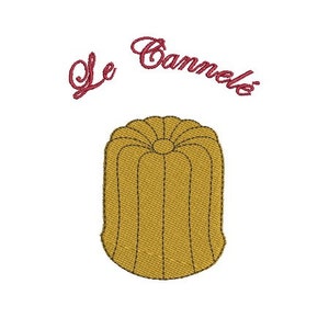 Könnte beinhalten: Eine goldfarbene Canelé-Form mit dem Text "Le Canelé" in roter Kursivschrift darüber.