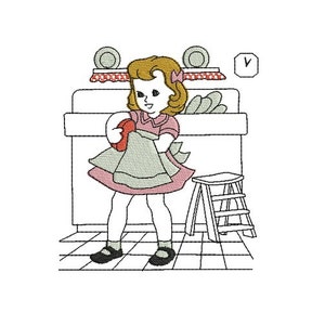 Instant Download Machine Embroidery design Vintage little girl doing the dishes
