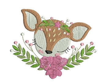 Motif de broderie machine biche aux fleurs endormie