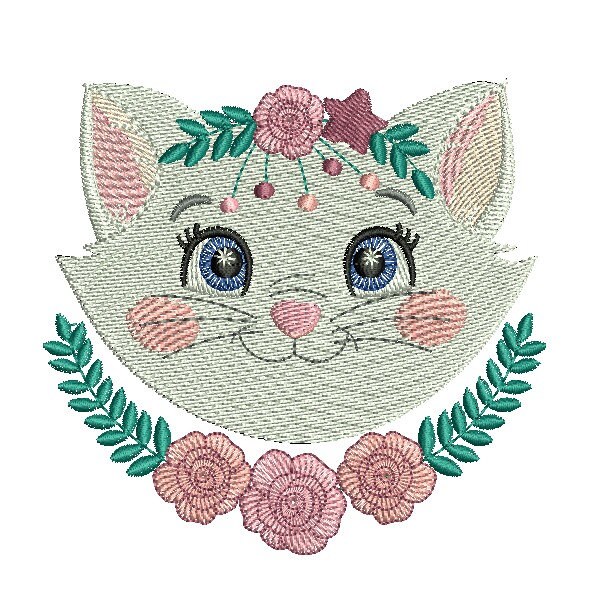 Motif de broderie machine chatte  aux fleurs