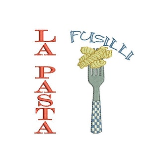May include: A red and white illustration of the words "La Pasta" with a fork holding a yellow fusilli pasta. The words "Fusilli" are written in blue above the pasta.