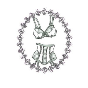 Op de afbeelding: Een zwart-witte illustratie van een lingerie set met een bh en een corset, omringd door een cirkel van bloemen.