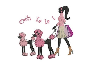 instant download embroidery  Parisian woman and her poodles