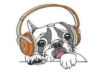 Instant download machine applique  embroidery French bulldog with headphones