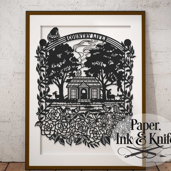 Country Cottage Papercut Template, Customize your Family Name, Goat Chickens Farm House.  Machine or Hand cut SVG, DXF, PDF Commercial use