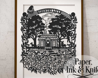 Country Cottage Papercut Template, Customize your Family Name, Goat Chickens Farm House.  Machine or Hand cut SVG, DXF, PDF Commercial use