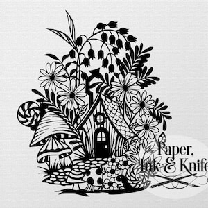 Papercut Template, Fairy Cottage, Fantasy Flowers and House, Instant Digital Download,Machine or Hand cut SVG, DXF, PDF Commercial use