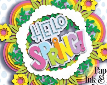 Hello Spring 3D Papercut Shadowbox Wreath Template, 13 layers,Svg, Dxf, Png, Eps, Commercial Use