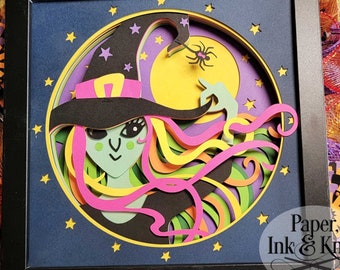 Witch Windy Papercut Shadowbox SVG Template, 3D Lightbox, Dxf, Pdf, Png, Eps, Commercial Use