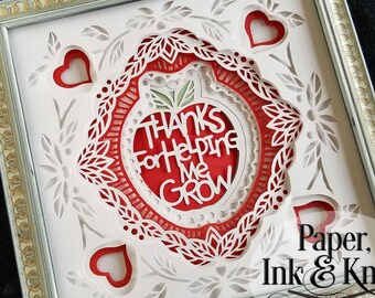 Teacher Apple Papercut Shadowbox Template, thank you gift, changeable, Instant Download, Machine or Hand cut SVG, DXF, PDF Commercial use