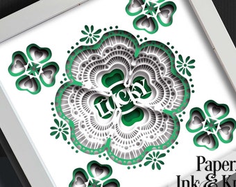 4 Leaf Clover Shamrock Papercut Shadowbox Template, 3D SVG Paper LIghtbox,  Machine or Hand cut DXF, PDF Commercial use