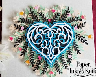 Heart Wreath Mandala Papercut Shadowbox Template, SVG, DXF, PDF, 3D Layered Design, Instant Download, Machine or Hand cut commercial use