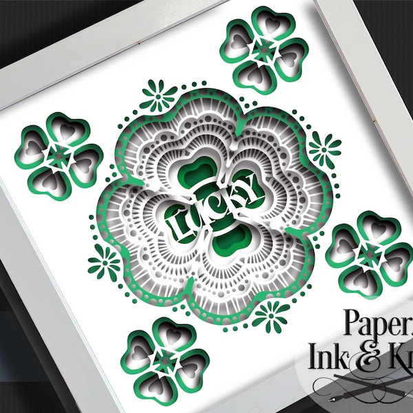 4 Leaf Clover Shamrock Papercut Shadowbox Template, 3D SVG Paper LIghtbox,  Machine or Hand cut DXF, PDF Commercial use