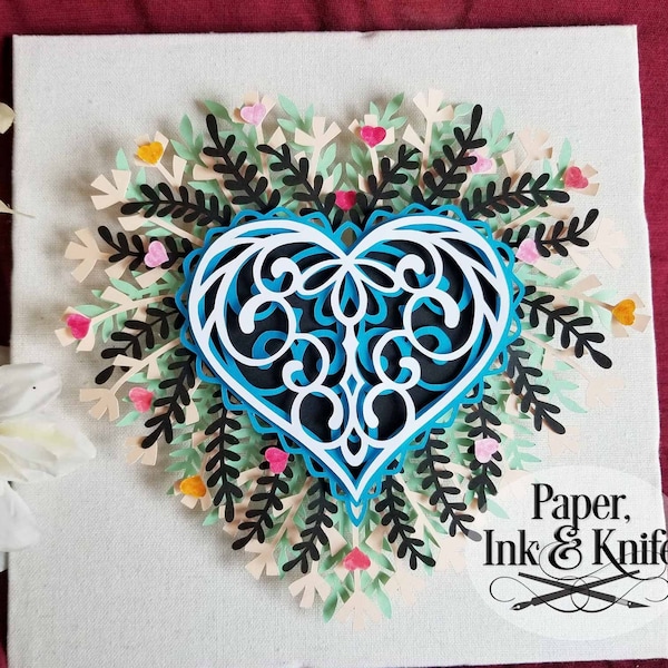 Heart Wreath Mandala Papercut Shadowbox Template, SVG, DXF, PDF, 3D Layered Design, Instant Download, Machine or Hand cut commercial use