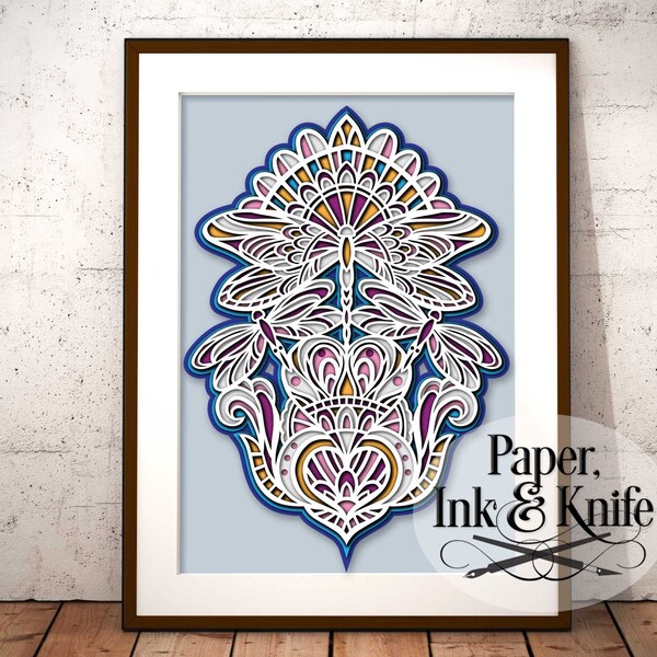 Plantilla de corte de papel en capas de libélulas, intrincado mandala 3D, descarga instantánea, máquina o corte a mano SVG, DXF, PDF, Eps, Jpg Uso comercial