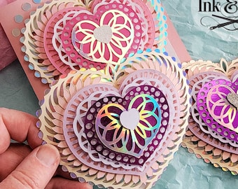 Heart 4 Card and Ornament, Papercut Template SVG, PDF, PNG Dxf, 3D Layered Paper Shadowbox card, Commercial Use