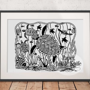 Sea Turtles  Intricate Papercut Template. Hand cut only PDF JPG files, A4, 11x14 commercial use,