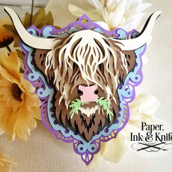 3D Highland Cow Papercut Template SVG, PDF, PNG, Dxf, Layered Paper Ornament Bauble, Shadowbox card, Hand or Machine cut, Commercial Use