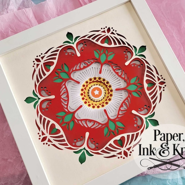 Tudor Rose 3D Papercut Shadowbox Template, 9 layers, 3D Svg Lightbox, Dxf, Pdf, Png, Eps, Commercial Use