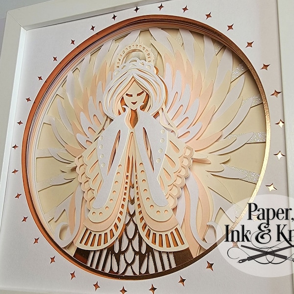 Angel 3D Svg Papercut Shadowbox Plantilla, Lightbox, Dxf, Pdf, Png, Eps, Uso comercial