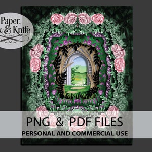 May include: An artistic illustration featuring a layered garden scene with a window overlooking a landscape. Pink roses and green foliage frame the view. The image includes the text "Paper, Ink & Knife" and "PNG & PDF FILES PERSONAL AND COMMERCIAL USE."