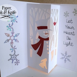 Sneeuwpop verlichte kaart, 5 x 7 Papercut Shadowbox Luminary sjabloon, 3D Lightbox, Svg, Dxf, Pdf, Png, Eps, commercieel gebruik