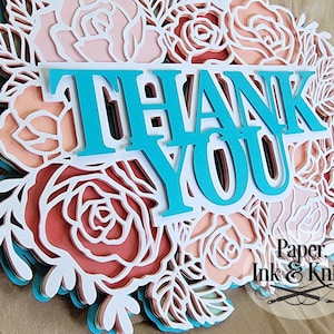 Tarjeta de agradecimiento 3D Plantilla de corte de papel SVG, PDF, JPG Dxf, tarjeta Mandala Shadowbox de papel en capas, corte a mano o a máquina, uso comercial