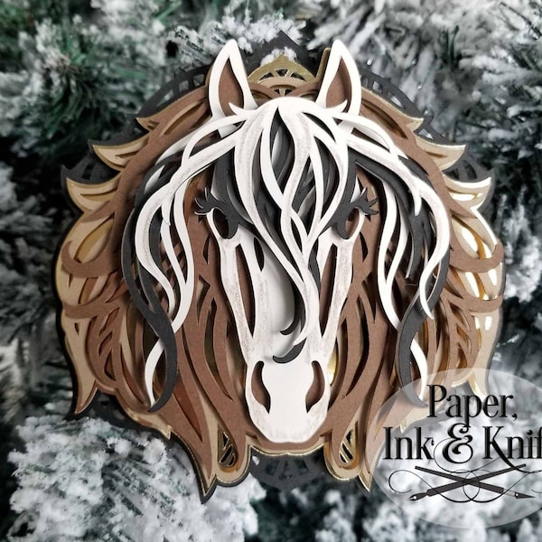 Horse Unicorn, 3D Papercut Template SVG, PDF, JPG Dxf, Layered Ornament Bauble tag, Shadowbox card, Hand or Machine cut, Commercial Use