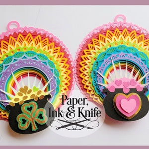 Pote de ouro ou coração 3D com pacote de design Rainbow 4, SVG, PDF, JPG Dxf, Shadowbox de papel em camadas, corte à mão ou à máquina, uso comercial
