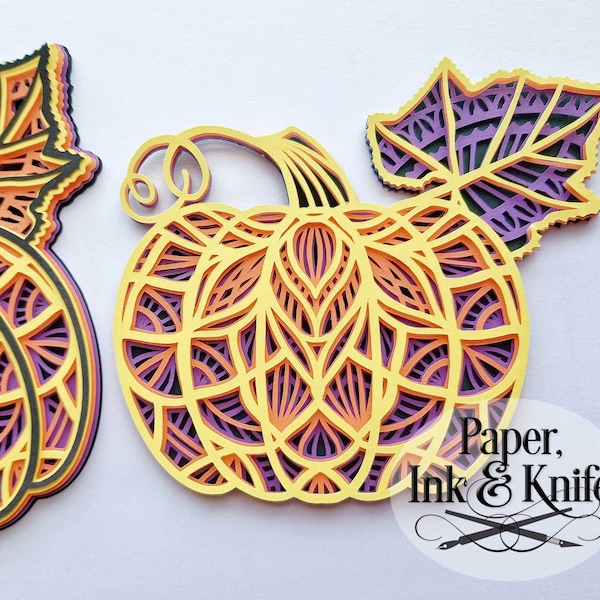 Pumpkin 4, 3D Papercut Template SVG, PDF, JPG Dxf, Layered Autumn Halloween Mandala, Shadowbox card, Hand or Machine cut, Commercial Use