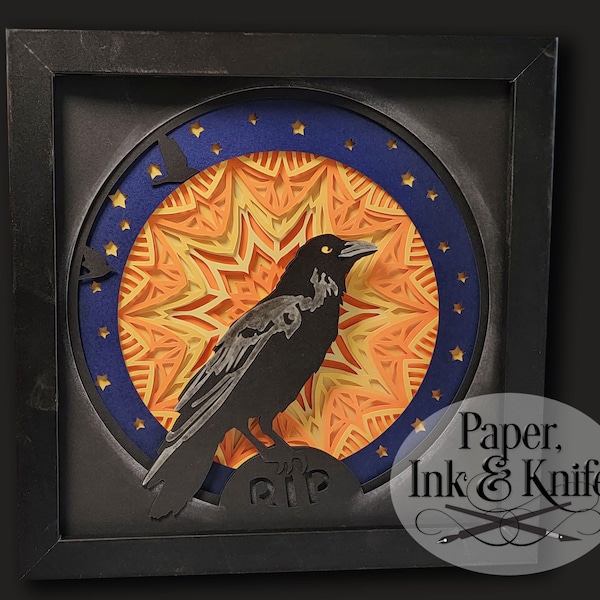 Raven Moon Halloween Papercut Shadowbox Template, 3D Lightbox,  Svg, Dxf, Pdf, Png, Eps, Commercial Use