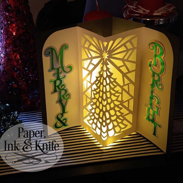 Tarjeta de árbol de Navidad iluminada, plantilla de caja de sombras de corte de papel, caja de luz 3D, svg, dxf, pdf, png, eps, uso comercial